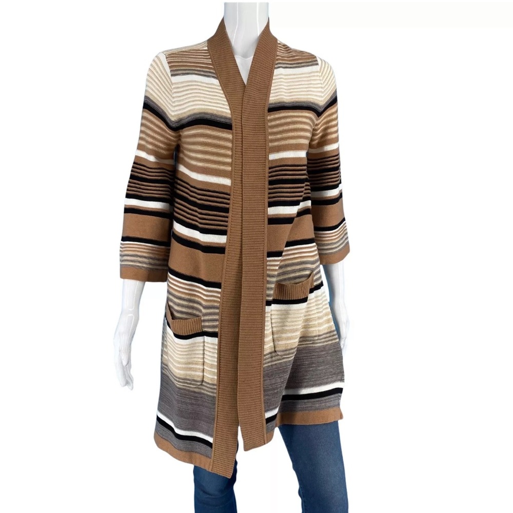 🆕 Issac Mizrahi Open Front Longline Color Block Brown & Cream Stripe Cardigan